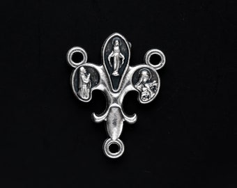 Fleur de Lis Fiat Rosary Centerpiece Miraculous Mary Medal - Flower of the Lily Silver Oxidized Rosary Making Supply