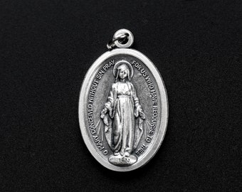 Miraculous Mary Medal - 1&quot; Oval Medal of the Immaculate Conception - Blessed Virgin Mary Silver Oxidized Metal Jewelry Supply