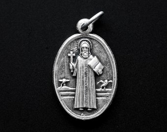 Saint Benedict Devil Chasing Medal - Protection Against Evil Amulet - St. Benedict Silver Oxidized 1 inch Die Cast Metal Made in Italy