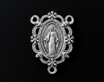 Virgin Mary Miraculous Medal Rosary Centerpiece with Filigree Flower Design - Rosary Making Supply