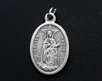 Stella Maris Medal - Our Lady Star of the Sea - Blessed Virgin Mary Ave Maris Stella Silver Oxidized Metal Jewelry