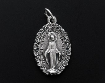 Miraculous Medal with Rose Border - 1" Latin Oval Medal of the Immaculate Conception - Made in Italy