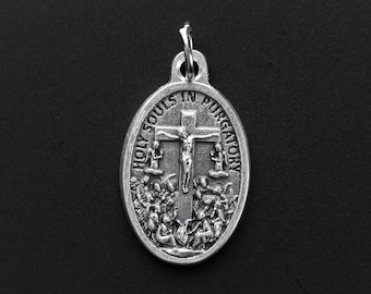 Holy Souls in Purgatory Medal - 1&quot; Oval Silver Oxidized Made in Italy