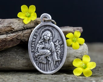 Saint Agnes Medal - Patron of Virgins and Rape Victims - St. Agnes of Rome Silver Oxidized 1 inch Die Cast Metal Made in Italy