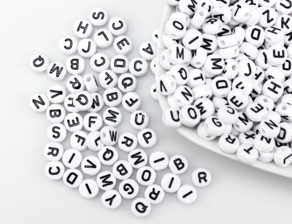Alphabet Beads 7mm 150/Pkg Black Round with White Letters