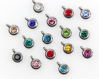 Stainless Steel Faceted Glass Rhinestone Petite Round Charms - Dainty Birthstone Pendants 9mm x 6.5mm