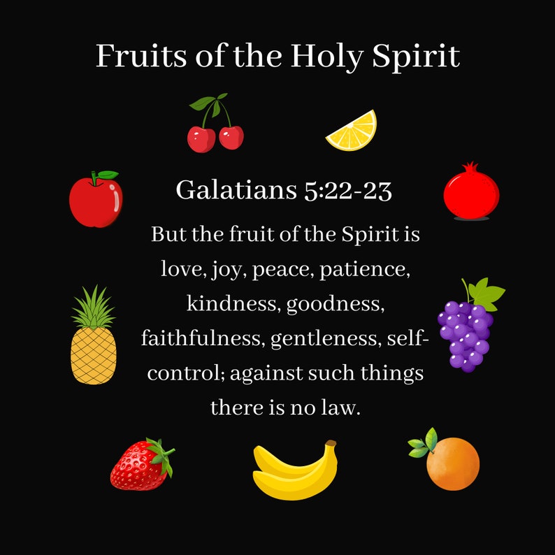Puede incluir: Un fondo negro con un c&iacute;rculo de ilustraciones de frutas coloridas y el texto "Fruits of the Holy Spirit" y "Galatians 5:22-23" con una descripci&oacute;n de los frutos del Esp&iacute;ritu Santo.