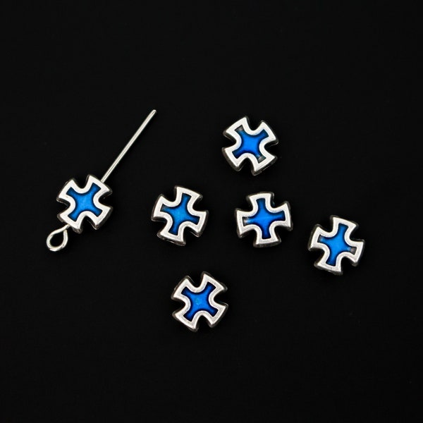 6 Cross Shaped Metal Spacer Beads with Blue Enamel Accent, 8mmx8mm, 6pcs