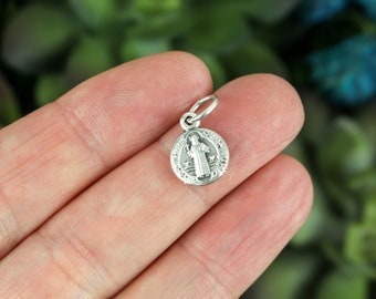 Mini Silver Saint Benedict Medal - Devil Chasing Medal - Protection Against Evil Amulet 3/8" in diameter (9.52mm)