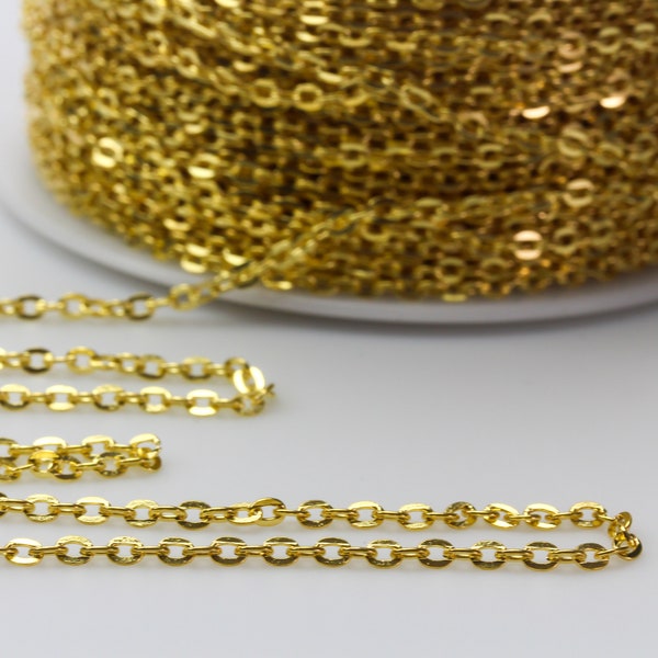 Gold Tone Oval Chain Links 3mm x 2mm Unsoldered Flat Chain Links for Rosaries, Necklaces, Bracelets - Sold by the Foot