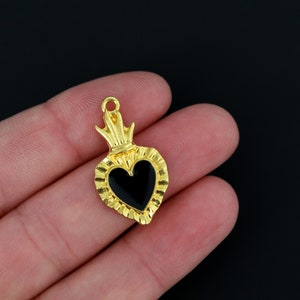 3 Small Sacred Heart Ex Voto Charms - Black Enamel Heart in Gold Tone Setting 27mm x 15mm, 3pcs