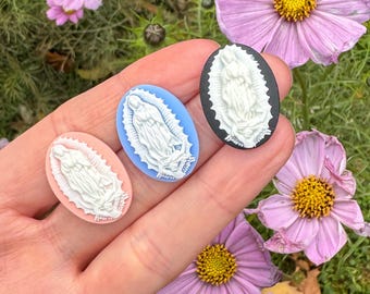 Our Lady of Guadalupe Resin Cabochon Setting 25x18mm - Plastic Cameo of the Blessed Virgin Mary 1pc choice of pink, blue or black