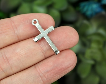 Silver Tone Cross Pendants - 24mm x 14mm Simple Classic Cross Charms 10pcs