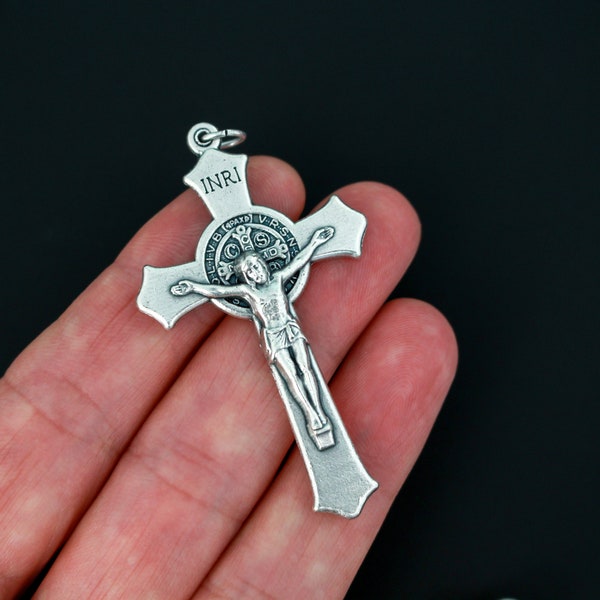 Large St. Benedict Rosary Crucifix Cross with Flared Edges 2-1/8 inches long, Made in Italy