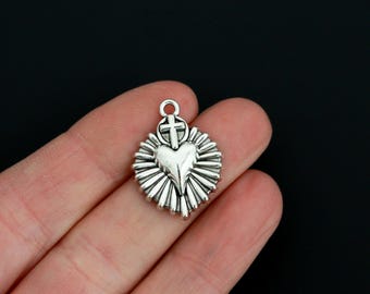 Sacred Heart Sunburst Cross Charms - Milagro Style Pendants 24x18mm, 20pcs