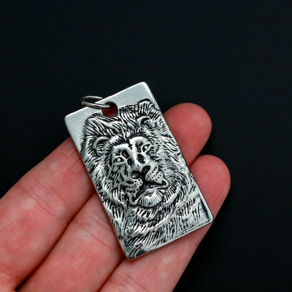 Large Lion Charm - Symbol of Courage, Pride, Strength - Antiqued Silver Rectangle Pendant 1.75" long x 1" wide, 1pc