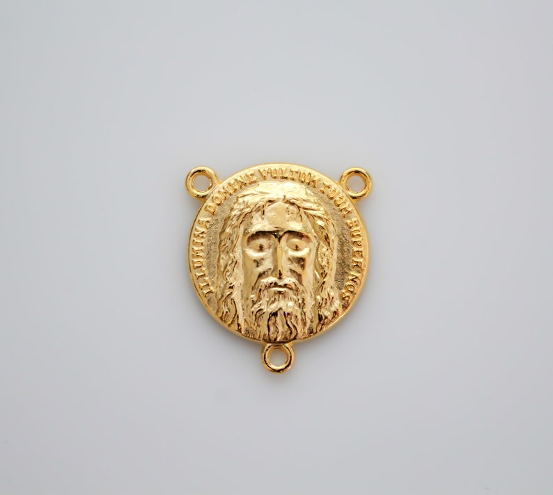 Gold Holy Face of Christ Rosary Center - Latin Five Wounds of Jesus Centerpiece - Lord, Shine Your Face Upon Us image 3