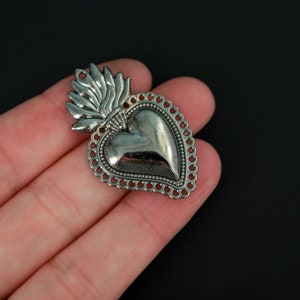 Sacred Heart Charm Mexican Milagro Flaming Heart Pendant with Gunmetal Gray Finish, 40mm Long