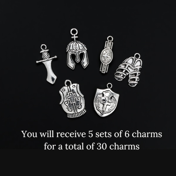 5 Armor of God Charm Sets of 6 pieces - Ephesians 6:11 Be Strong in the Lord Spiritual Battle Armor (5 Sets)