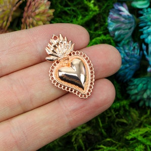 Small Sacred Heart Charm Mexican Milagro Flaming Heart Pendant - Shiny Rose Gold Finish 30mm Long
