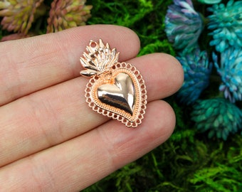 Petit sacré coeur charme mexicain Milagro Flaming Heart Pendentif - Shiny Rose Gold Finish 30mm de long
