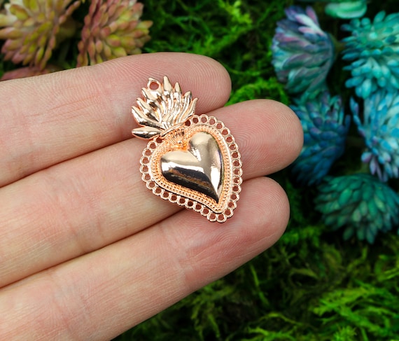 Small Sacred Heart Charm Mexican Milagro Flaming Heart Pendant Shiny Rose  Gold Finish 30mm Long 