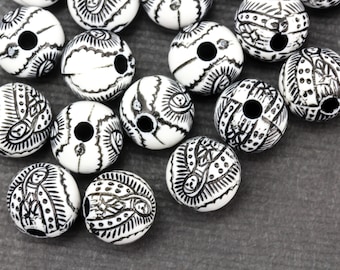 60 Acrylic Our Lady of Guadalupe Craft Beads White and Black Etched Round Design - 60pcs