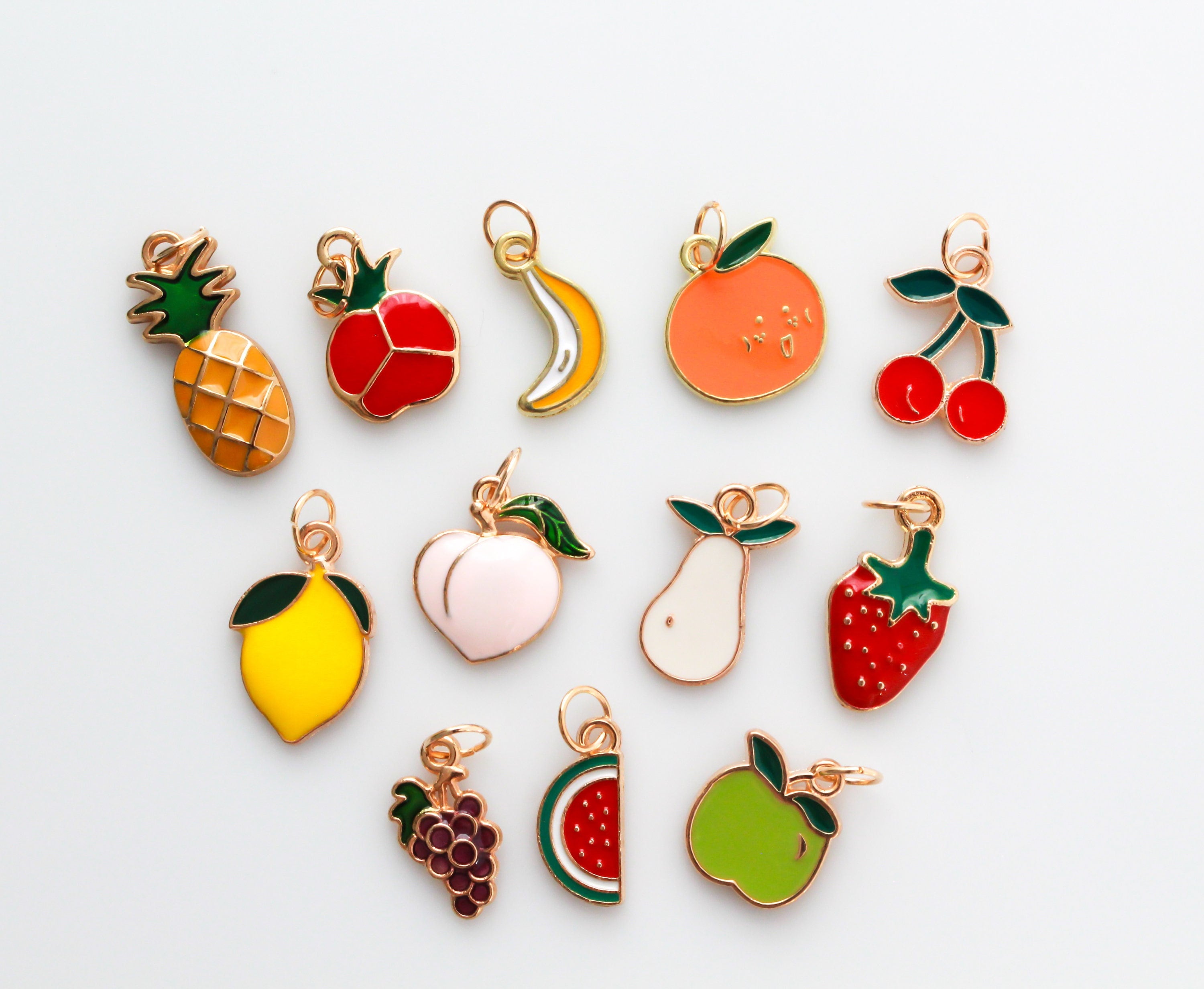 6pc Enamel Fruit Charms - Golden Enamel Charms - Fruit Pendants - Fruit Resin - Jewelry Findings