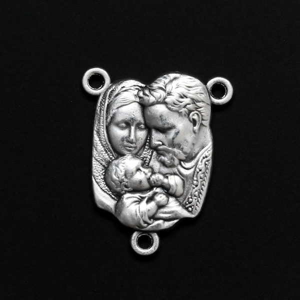 Large Holy Family Pray For Us Rosary Centerpiece 1" Long - Jesus, Joseph, and Mary Silver Oxidized Made in Italy