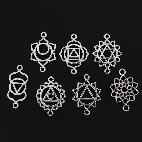 Seven Chakras Charm Set - Yoga Healing Spiritual Connector Links, Antiqued Silver Tone, 7pcs