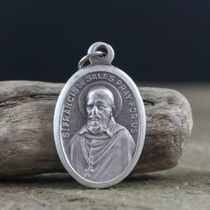 Saint Francis de Sales Medal - Catholic Patron Saint of the Deaf - St. Francis de Sales Pray For Us 1 inch Silver Oxidized Medal