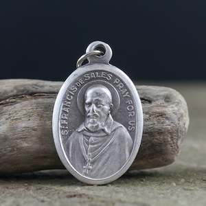 Medalha de São Francisco de Sales - Padroeiro Católico dos Surdos - São Francisco de Sales, Rogai por Nós, Medalha de Prata Oxidada de 1 polegada