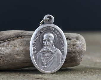 Saint Francis de Sales Medal - Catholic Patron Saint of the Deaf - St. Francis de Sales Pray For Us 1 inch Silver Oxidized Medal