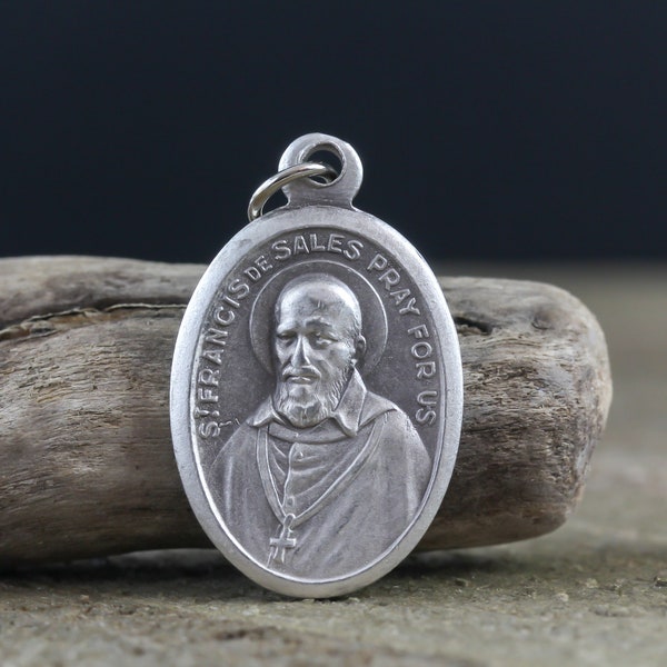 Médaille de Saint François de Sales - Saint Patron des Sourds catholiques - Médaille de Saint François de Sales en argent oxydé de 2,5 cm (1 pouce)