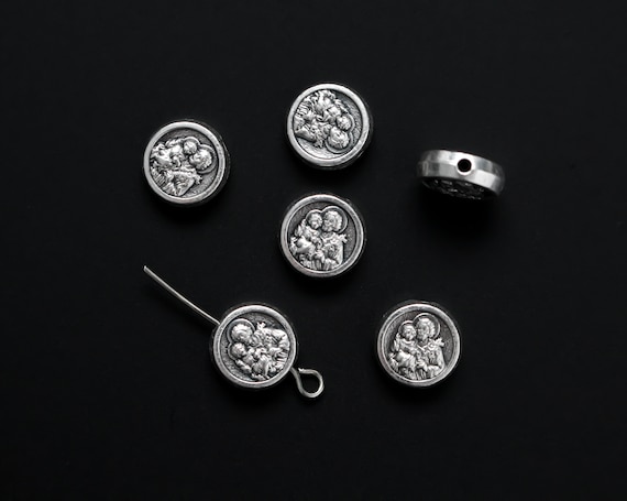 Saint Joseph Holy Family Metal Spacer Beads - Rosary Parts - Silver Tone Color 9.5mm in diameter