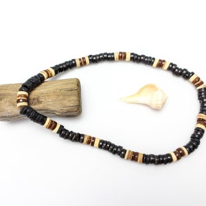 Coconut Beaded Necklace - 18" Elastic Stretch Natural Earth Tone Beach Boho Stackable Jewelry