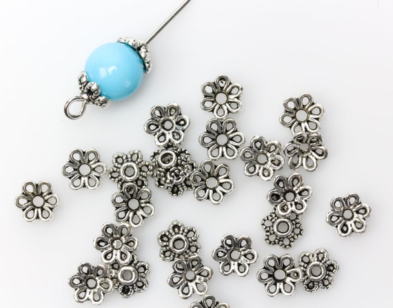 Flower Bead Caps 6mm in Diameter fit Beads 8mm 10mm Antique Silver