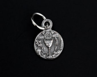 Holy Communion Chalice Mini Medal 1/2" Long - Holy Eucharist JHS Christogram Memorial Made in Italy