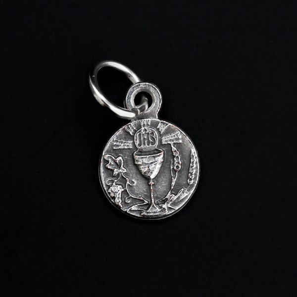 Holy Communion Chalice Mini Medal 1/2" Long - Holy Eucharist JHS Christogram Memorial Made in Italy