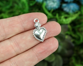 Sacred Heart Charms Antiqued Silver Color Milagro Flaming Heart Pendants 12, 25, or 50pcs