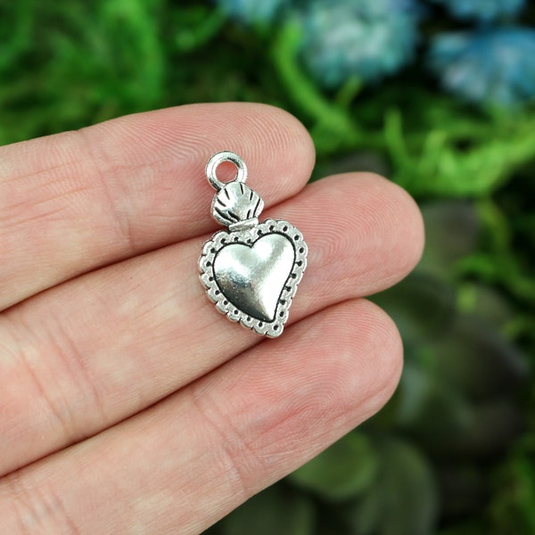 Sacred Heart Charms Antiqued Silver Color Milagro Flaming Heart Pendants 12, 25, or 50pcs