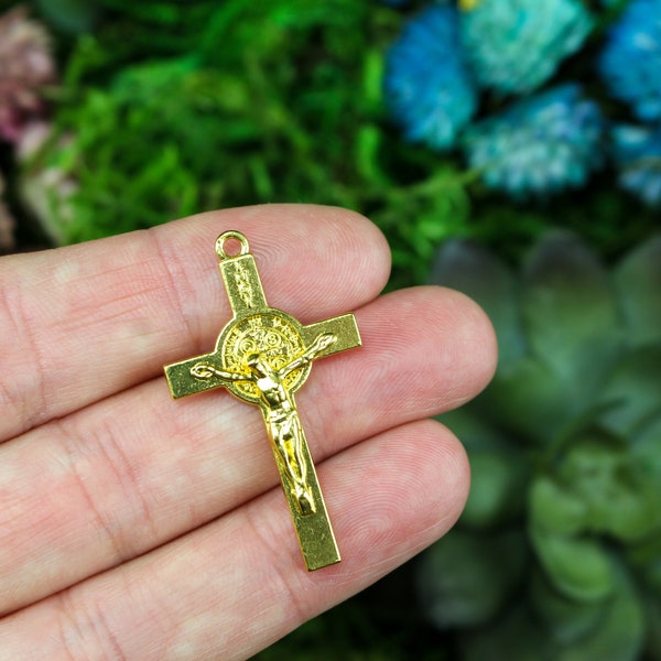 Gold Saint Benedict Crucifix Cross 1.5 inches long - Gold Tone Metal Crucifix Cross for Rosary or Jewelry