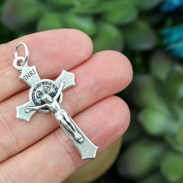 St. Benedict Crucifix with Flared Edge 1.5 inch long - Die Cast Metal Crucifix Cross for Jewelry Supply