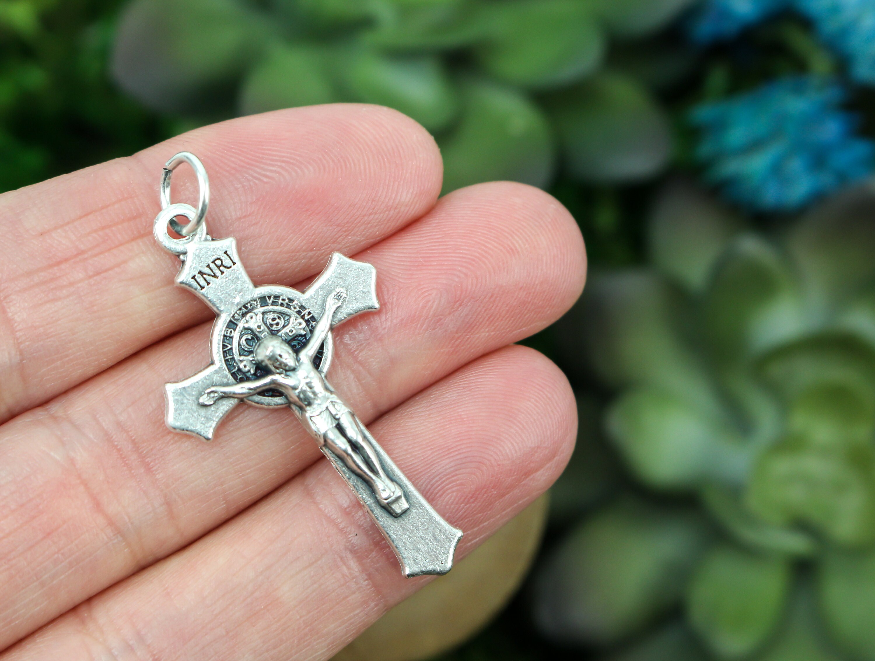 St. Benedict Crucifix Pendant Necklace For Women - Made In Italy, Silver Plate, 24" Chain