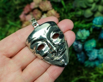 Guy Fawkes Mask Necklace Pendant - Large Mask Charm Mardi Gras Costume Jewelry - 2-3/8" long x 1-1/2" wide, 1pc