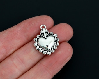 Sacred Heart with Flower Petals Cross Charms - Milagro Style Pendants 22.5x18mm, 20pcs