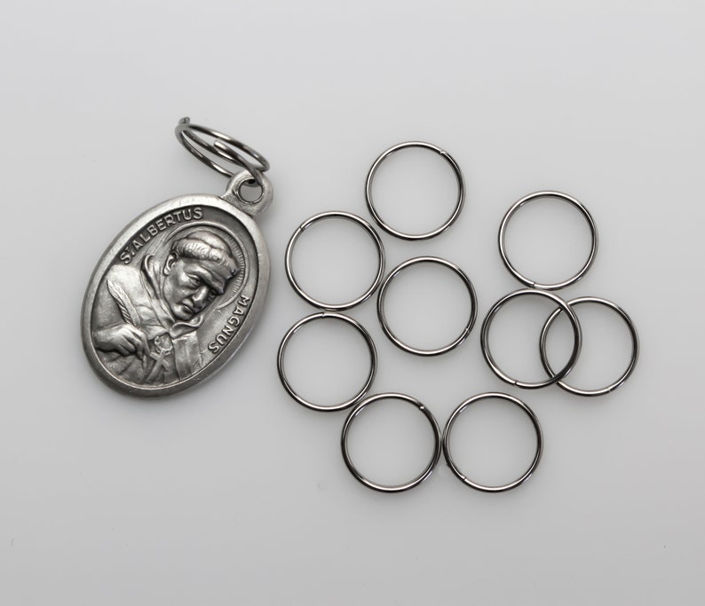 May include: A silver-colored oval pendant with the inscription "S. ALBERTUS MAGNUS" and an image of a man. Several small, silver-colored key rings are scattered nearby. The pendant has a key ring attached at the top.