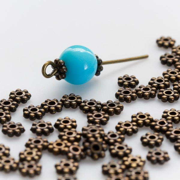 Bronze Daisy Spacer Beads 4mm diameter, 0.8mm hole - Flower Shaped Metal Disc Beads 150pcs