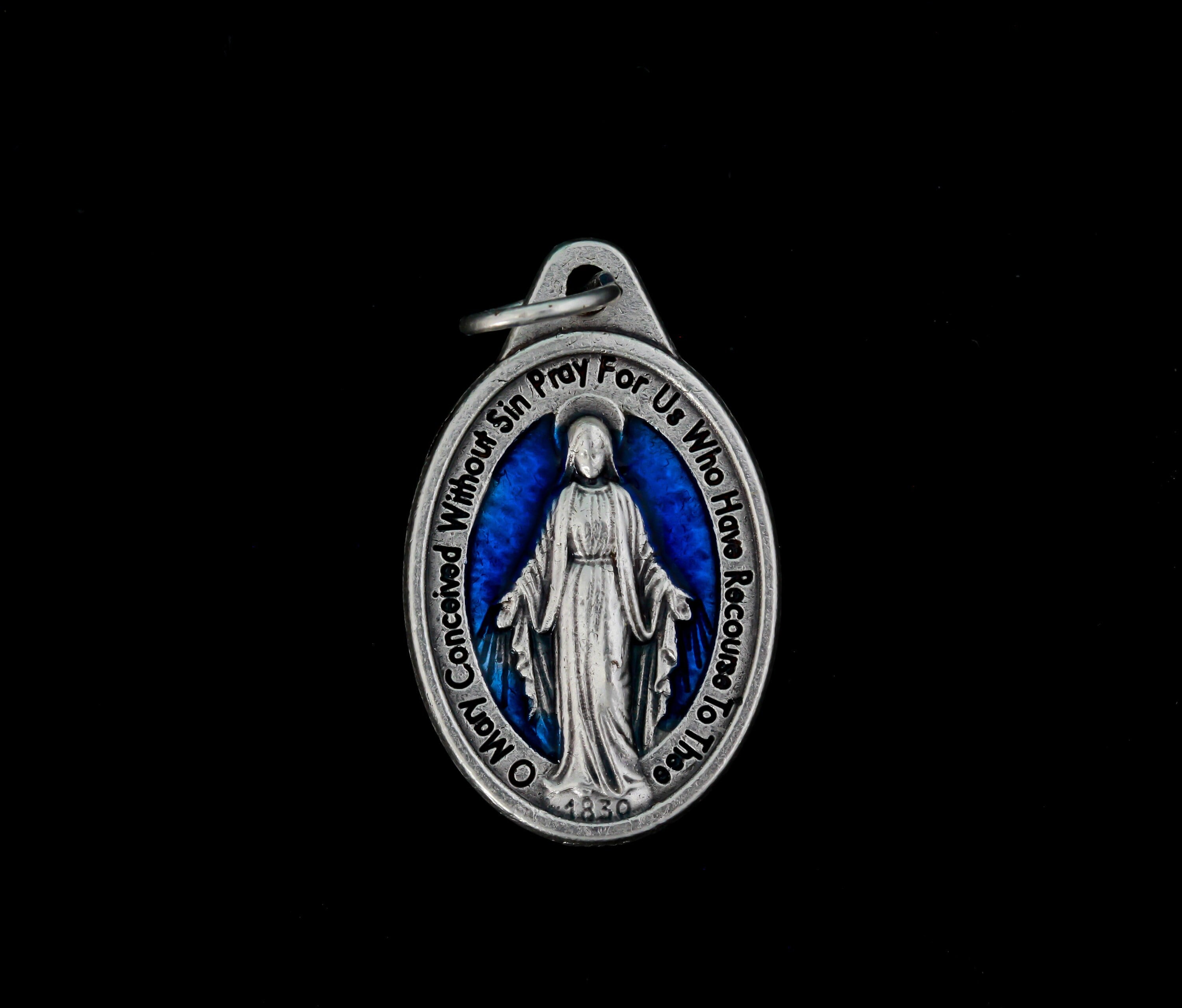 Miraculous Mary Medal with Blue Enamel Detail 1" Oval Medallion of the Immaculate Conception - Made in Italy