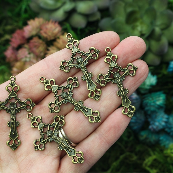 5 Ornate Jesus Crucifix Crosses - Antique Bronze Rosary Making Parts 43mm Long - 5pcs